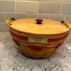 Longaberger Red and Tan Woven Basket with Lid Christmas Edition 1999